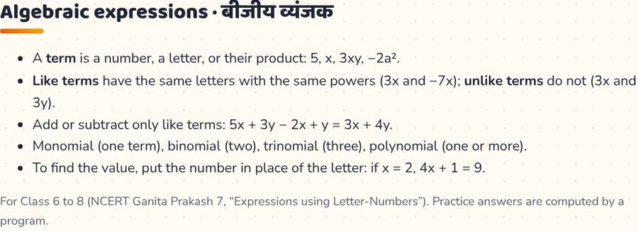 Algebraic Expressions · बीजीय व्यंजक — printable preview