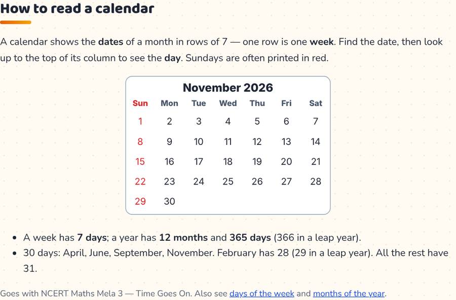 Calendar Game for Kids · कैलेंडर पढ़ो — printable preview