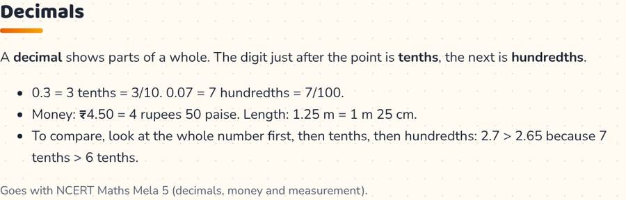 Decimals Game for Class 5 · दशमलव — printable preview