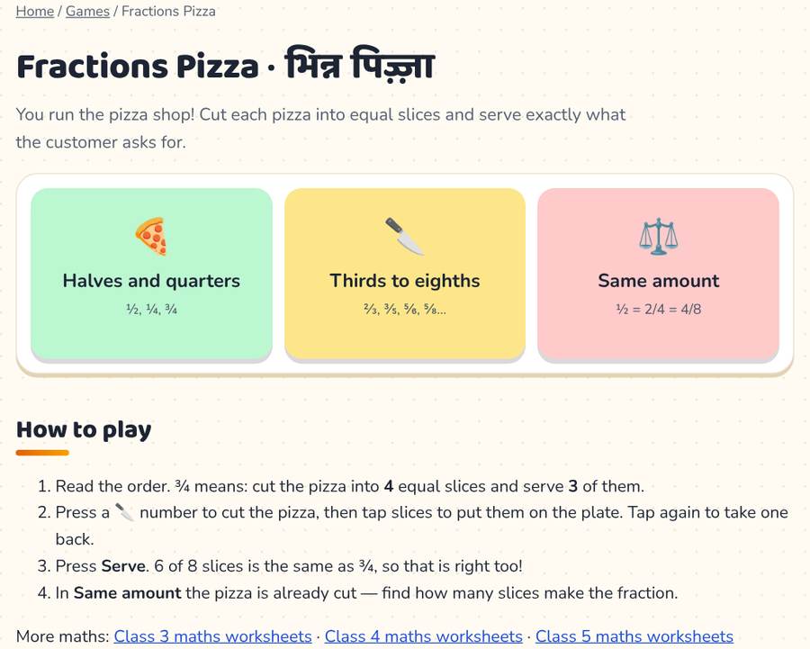 Fractions Pizza · भिन्न पिज़्ज़ा — printable preview