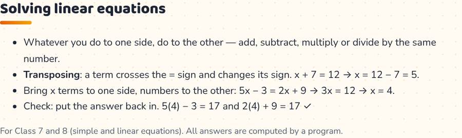 Linear Equations in One Variable · रैखिक समीकरण — printable preview