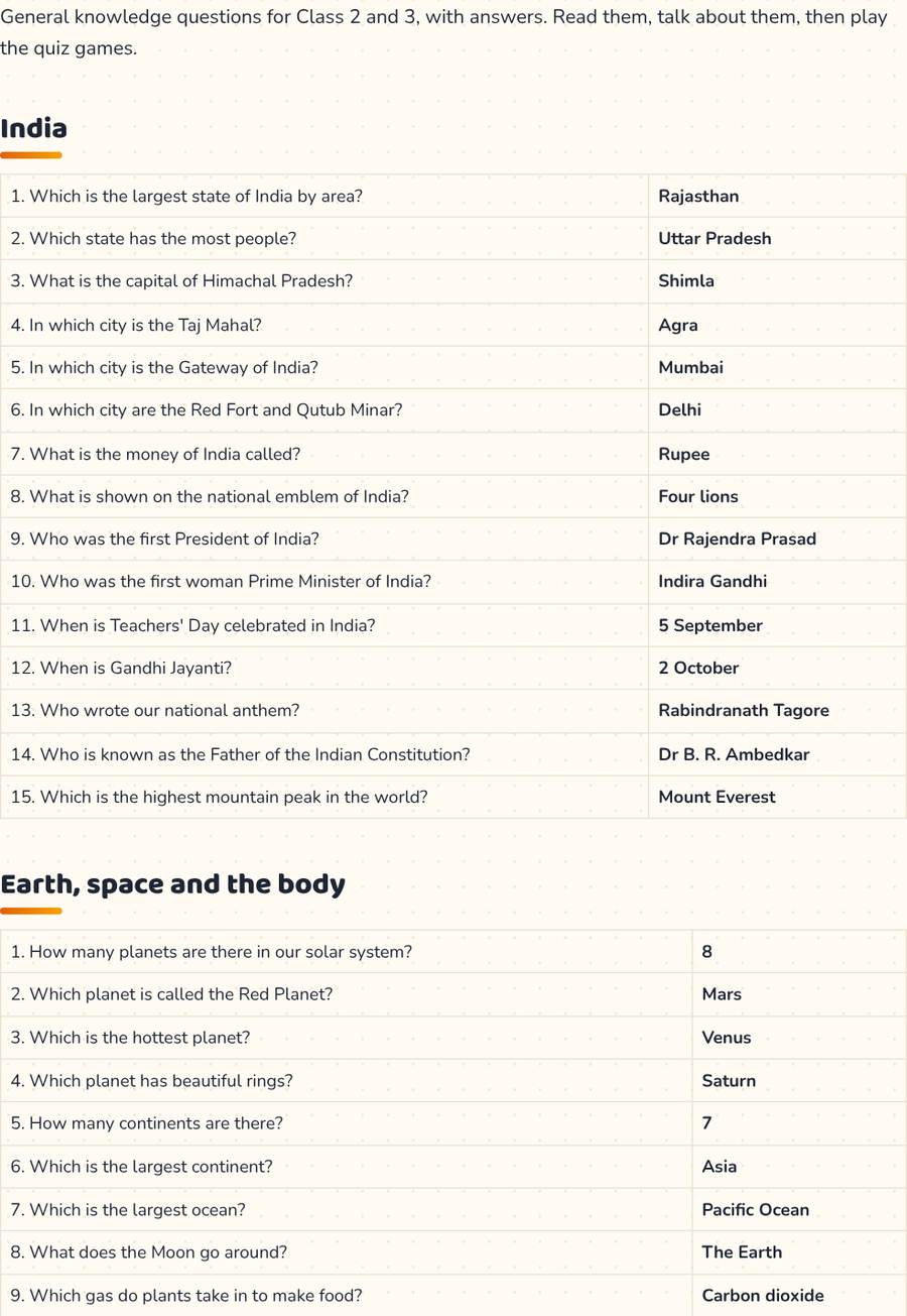 GK Questions for Class 2 and 3 with Answers · सामान्य ज्ञान — printable preview