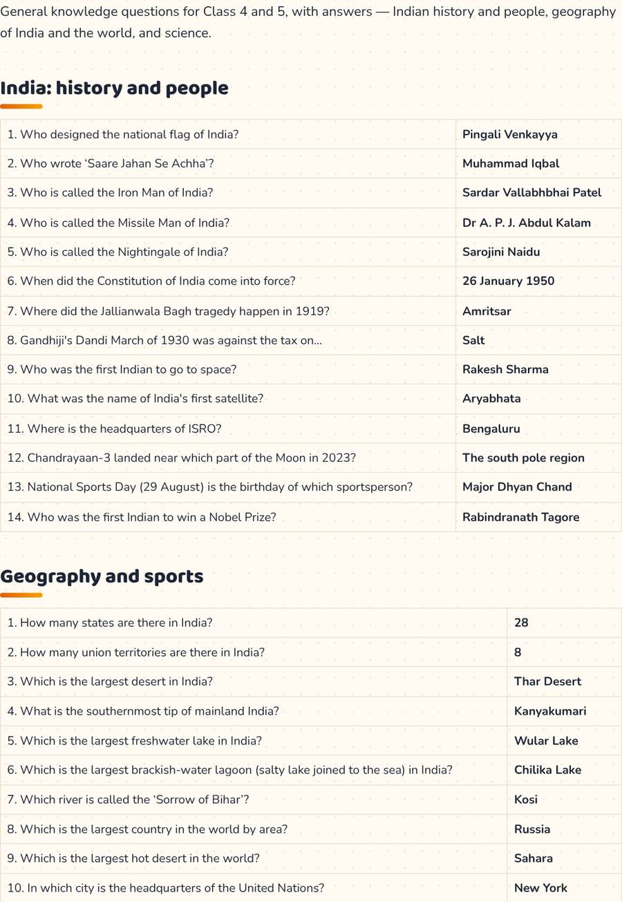 GK Questions for Class 4 and 5 with Answers · सामान्य ज्ञान — printable preview