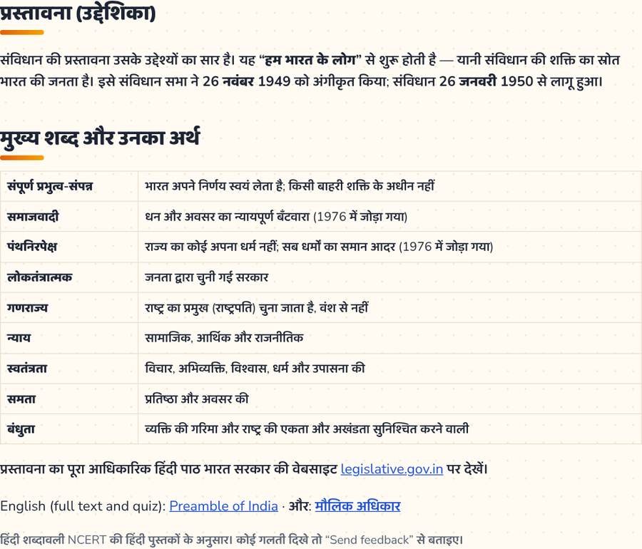 प्रस्तावना (उद्देशिका) · संविधान की उद्देशिका — printable preview