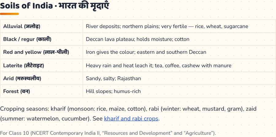Resources and Development, Soils of India and Agriculture Class 10 · संसाधन, मृदा और कृषि — printable preview