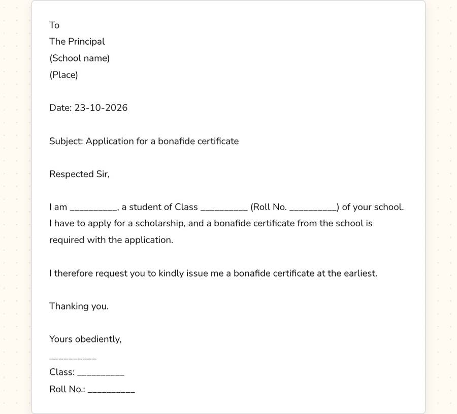 Bonafide Certificate Application — printable preview