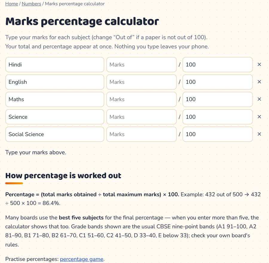 Marks Percentage Calculator — printable preview