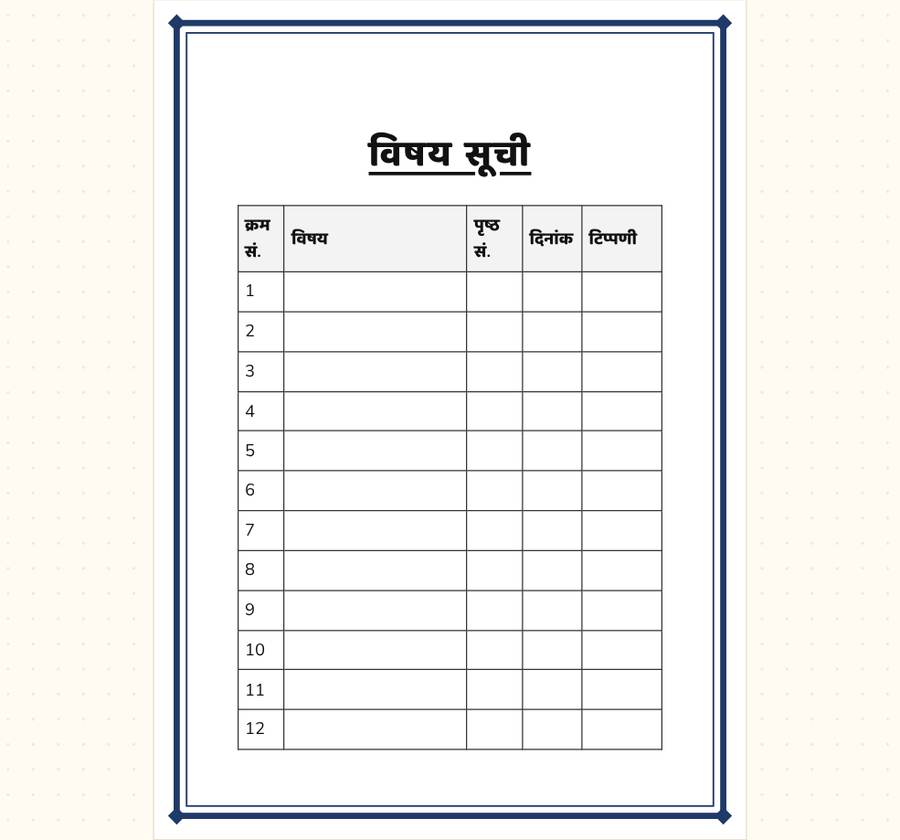 Index in Hindi for Project File — printable preview