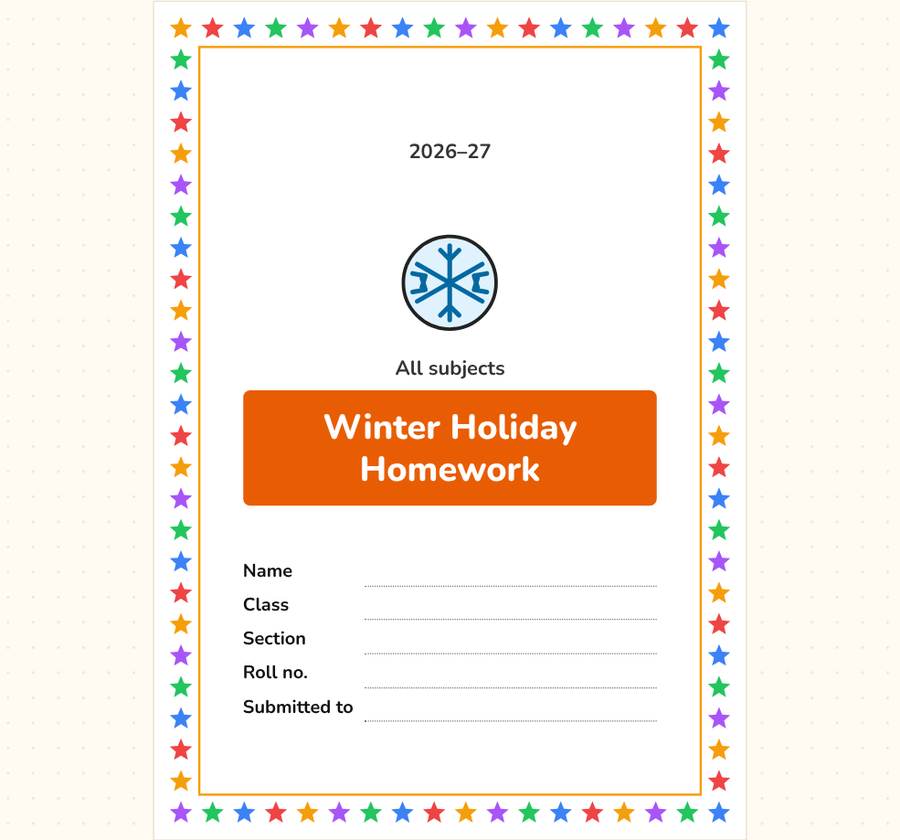 Holiday Homework Front Page — printable preview