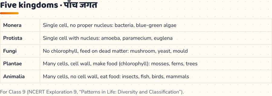 Five Kingdom Classification · पाँच जगत वर्गीकरण — printable preview