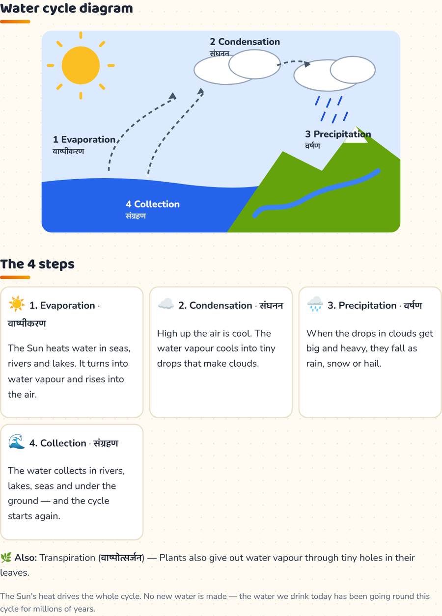 Water Cycle for Kids · जल चक्र — printable preview