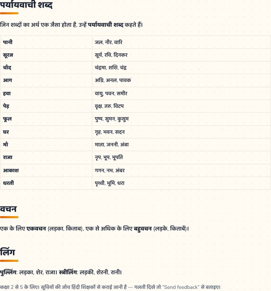 पर्यायवाची शब्द, वचन और लिंग · Hindi word games — printable preview