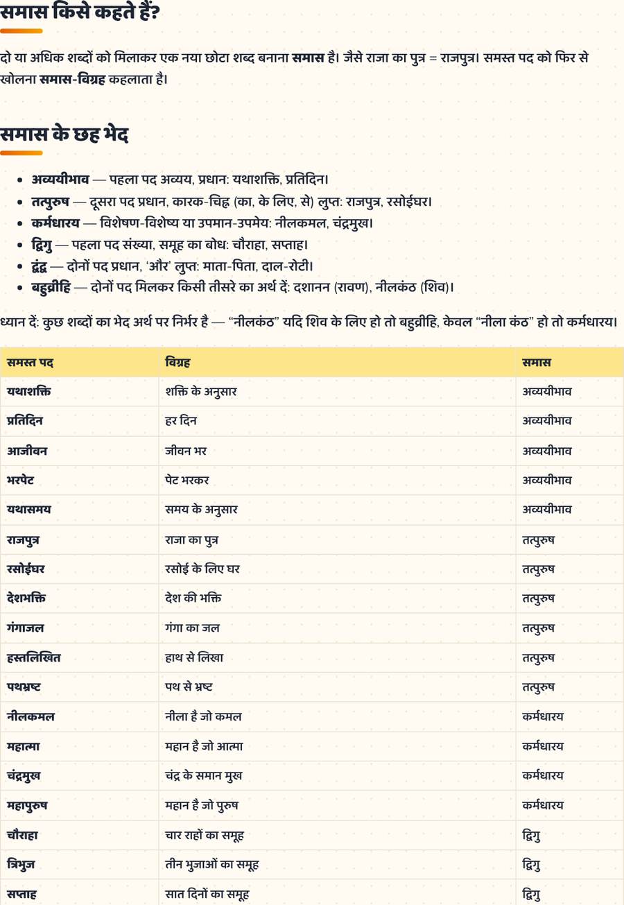 समास · परिभाषा, भेद, उदाहरण — printable preview