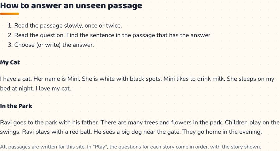 Unseen Passage for Class 1 and 2 — printable preview