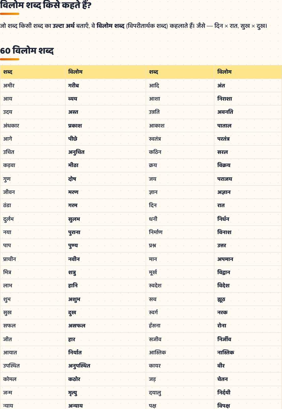 विलोम शब्द · विपरीतार्थक शब्द — printable preview