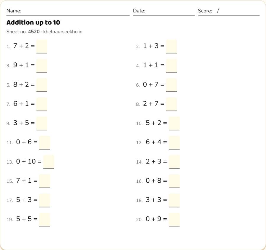 Addition up to 10 Worksheet for Class 1 — printable preview