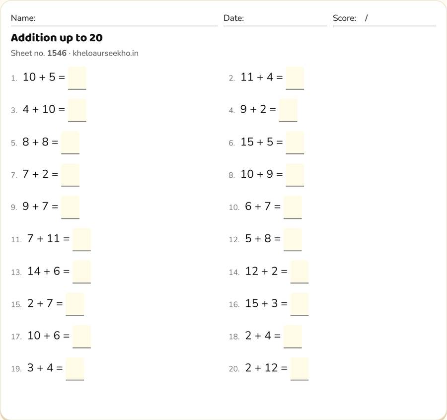 Addition up to 20 Worksheet for Class 1 — printable preview