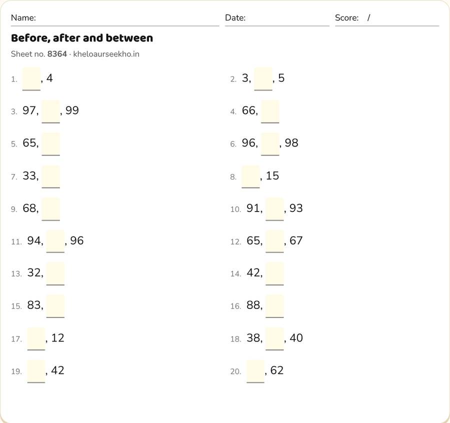 Before, after and between Worksheet for Class 1 — printable preview