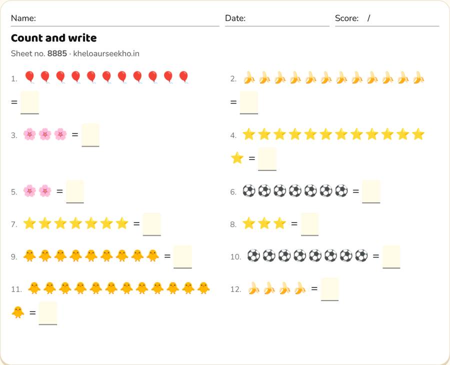 Count and write Worksheet for Class 1 — printable preview