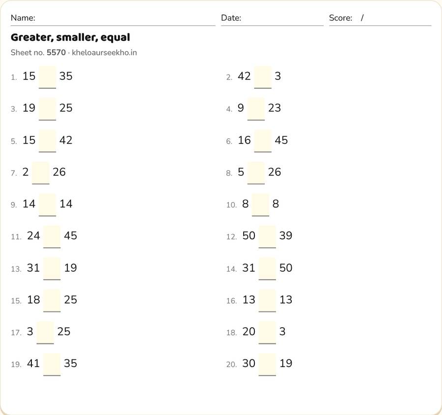 Greater, smaller, equal Worksheet for Class 1 — printable preview