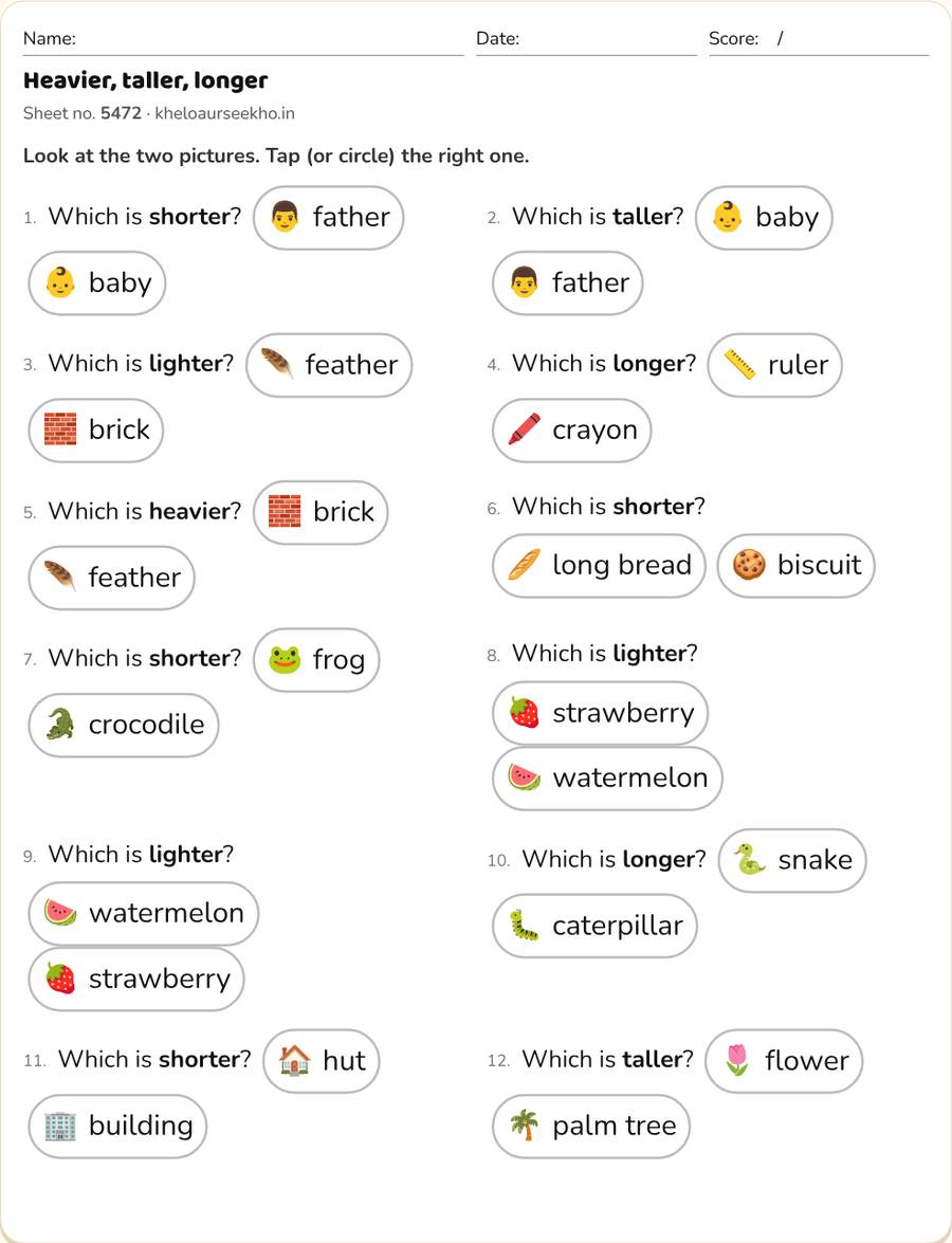 Heavier, taller, longer Worksheet for Class 1 — printable preview