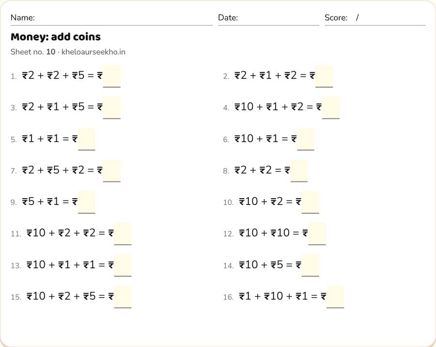 Money: add coins Worksheet for Class 1 — printable preview