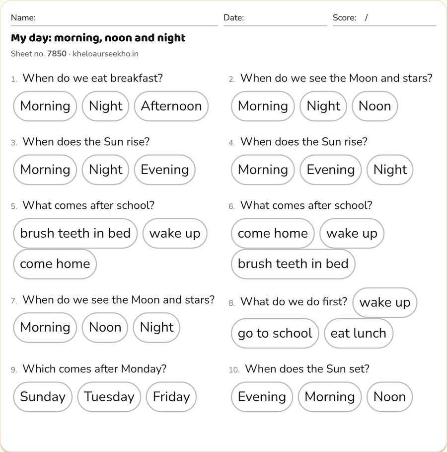 My day: morning, noon and night Worksheet for Class 1 — printable preview