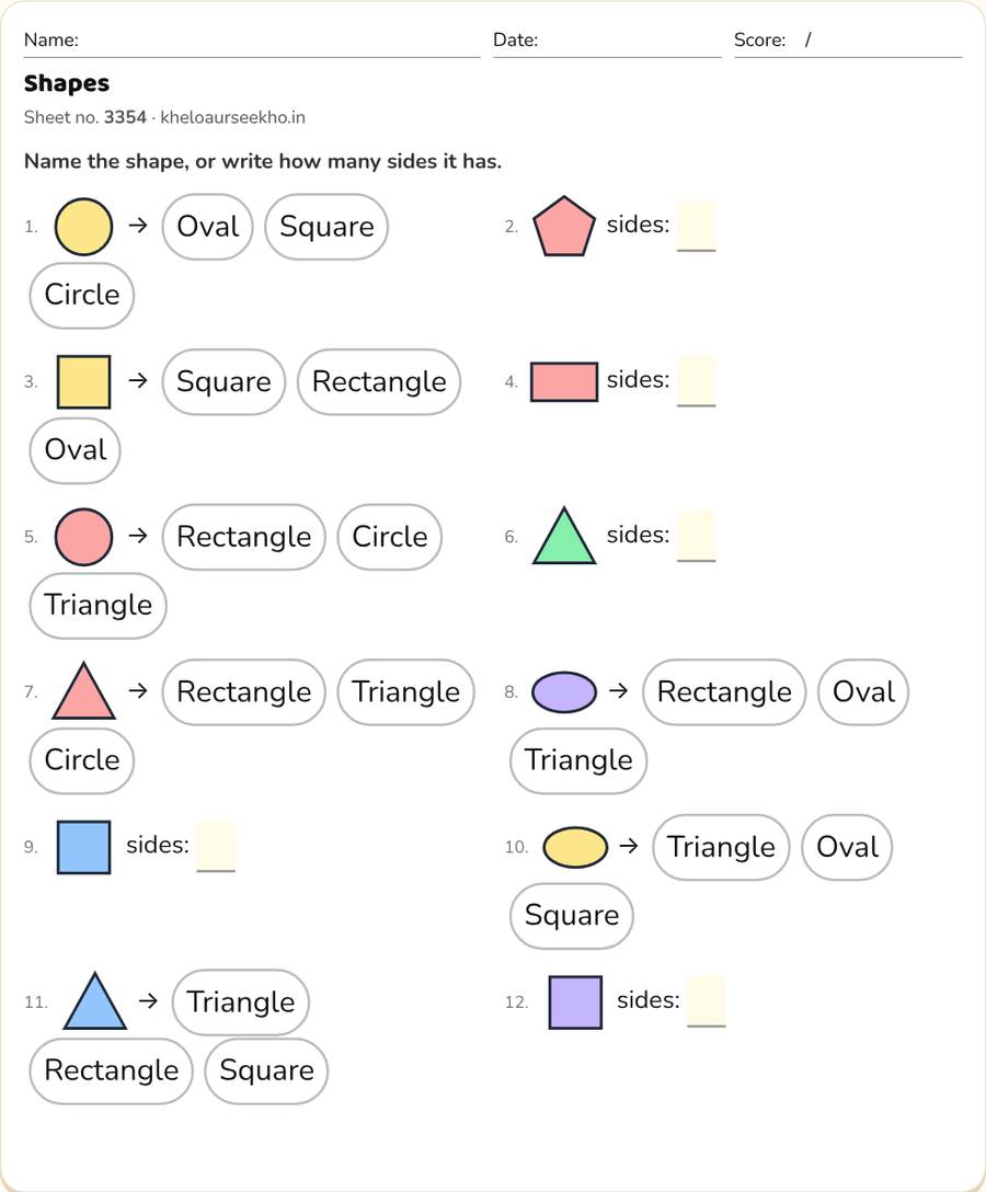 Shapes Worksheet for Class 1 — printable preview
