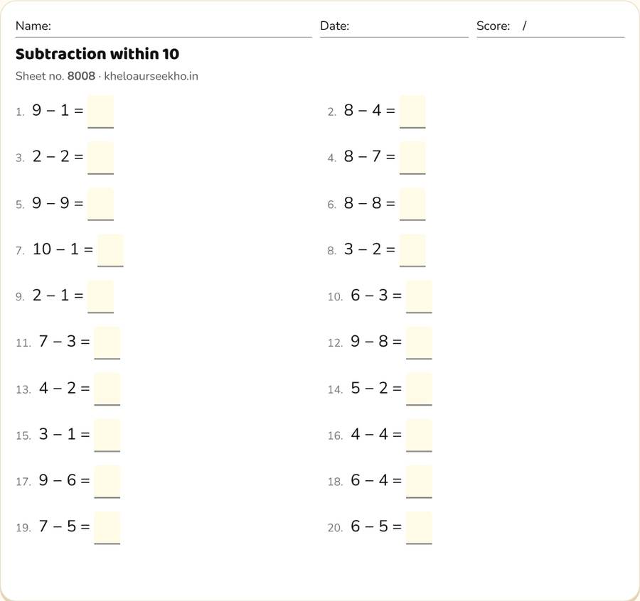 Subtraction within 10 Worksheet for Class 1 — printable preview