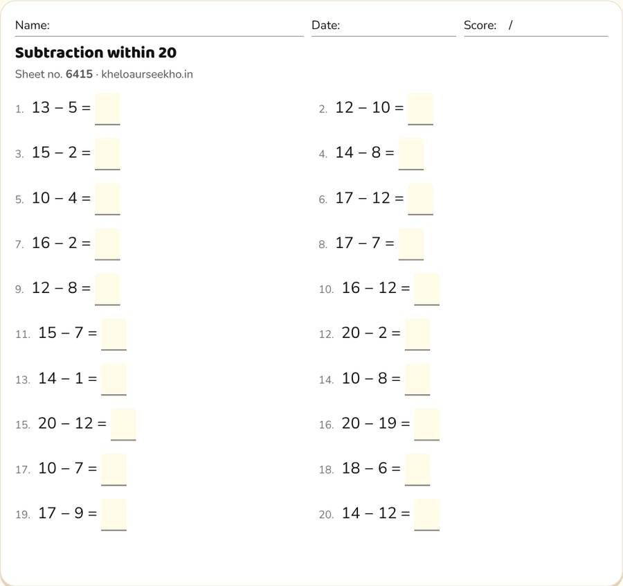 Subtraction within 20 Worksheet for Class 1 — printable preview