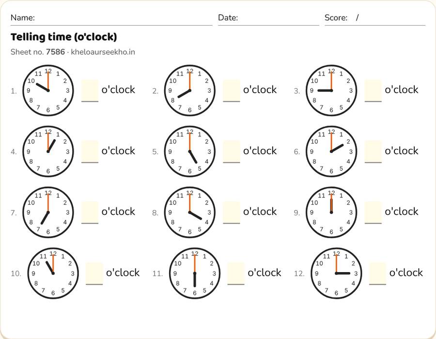 Telling time (o'clock) Worksheet for Class 1 — printable preview
