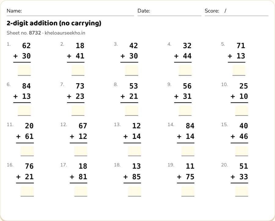 2-digit addition (no carrying) Worksheet for Class 2 — printable preview