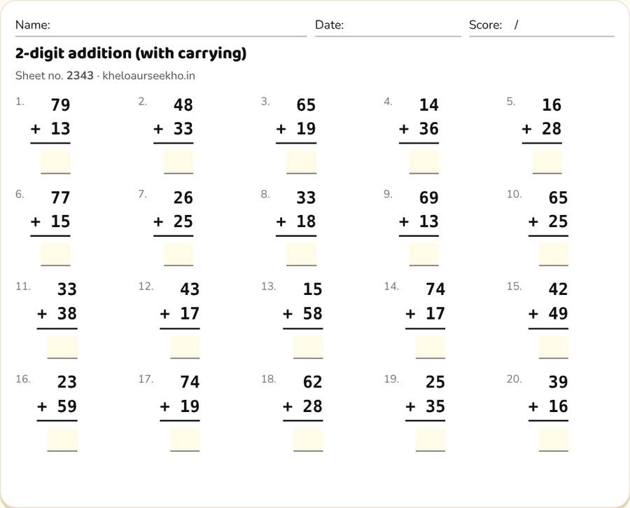 2-digit addition (with carrying) Worksheet for Class 2 — printable preview