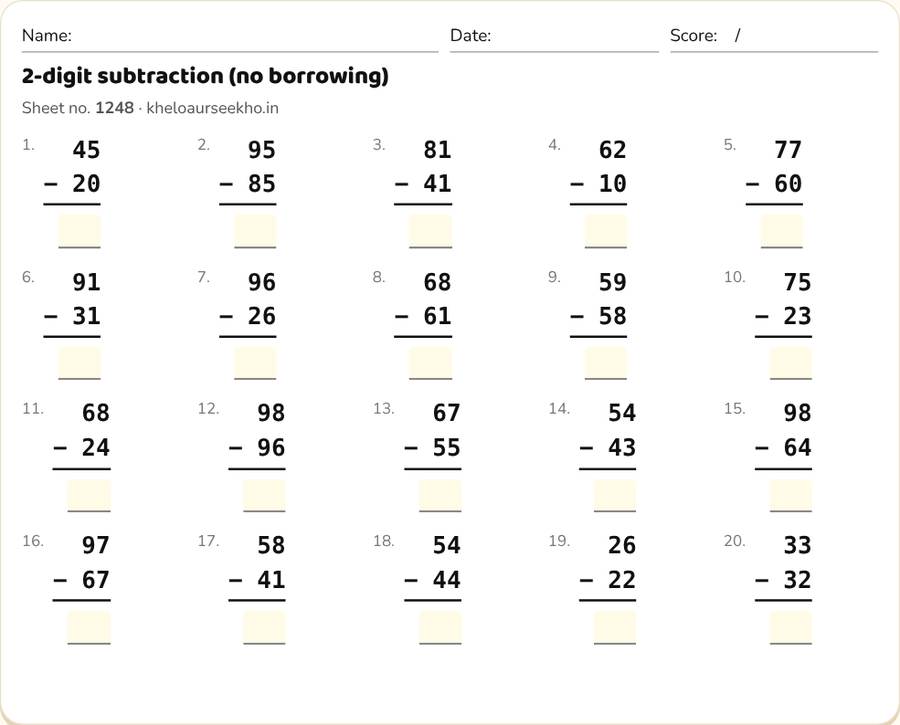2-digit subtraction (no borrowing) Worksheet for Class 2 — printable preview