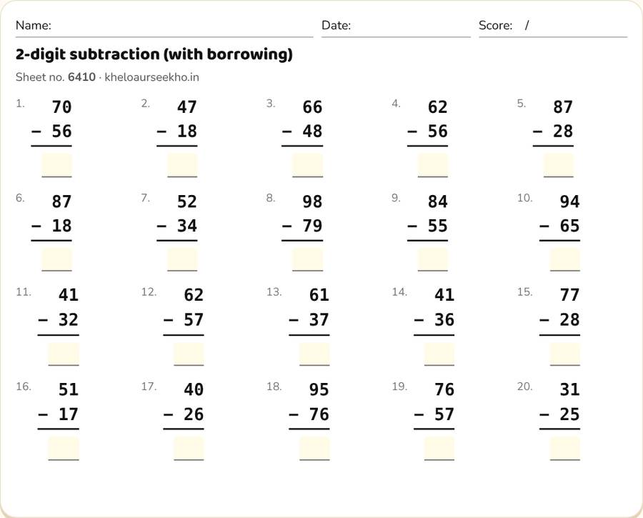 2-digit subtraction (with borrowing) Worksheet for Class 2 — printable preview