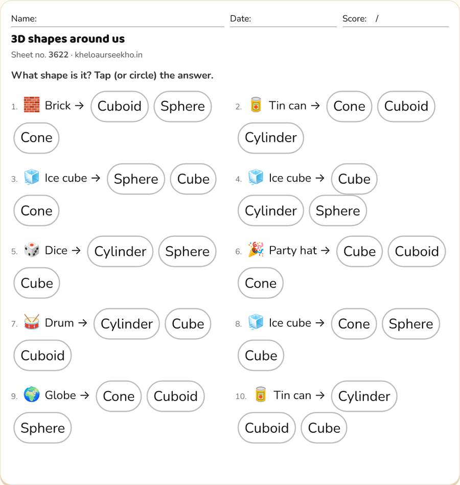 3D shapes around us Worksheet for Class 2 — printable preview