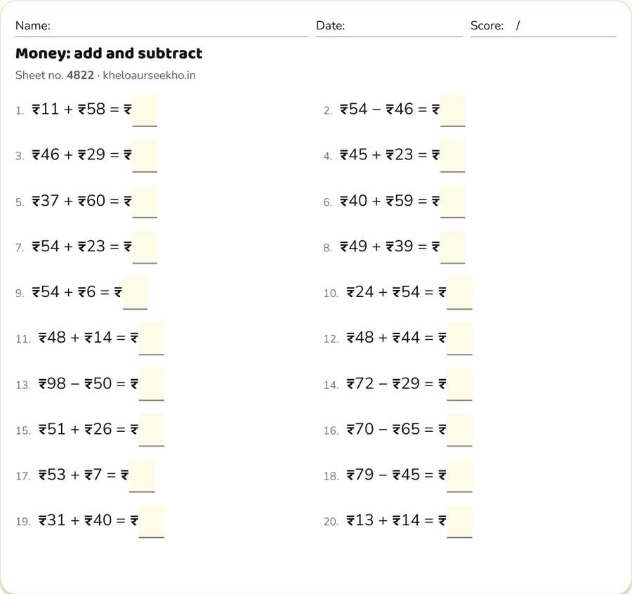 Money: add and subtract Worksheet for Class 2 — printable preview