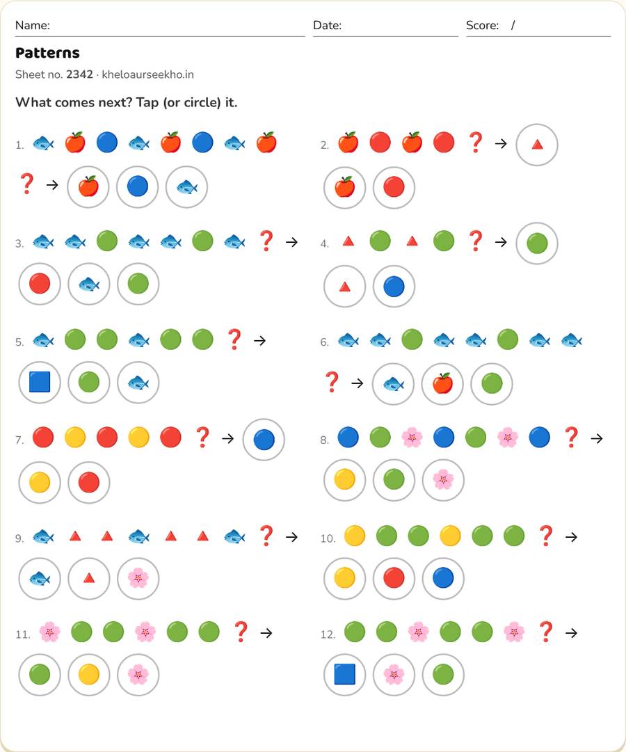 Patterns Worksheet for Class 2 — printable preview