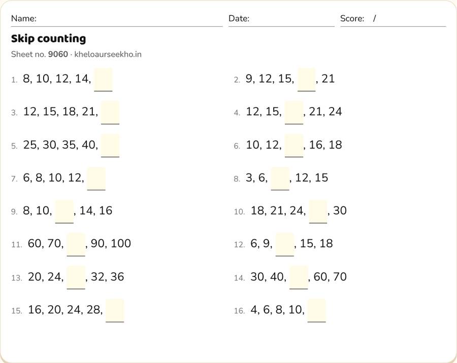 Skip counting Worksheet for Class 2 — printable preview