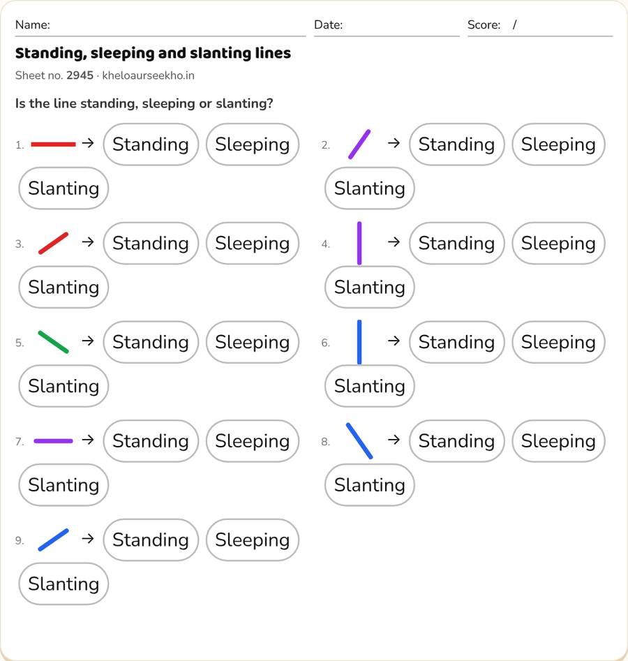 Standing, sleeping and slanting lines Worksheet for Class 2 — printable preview