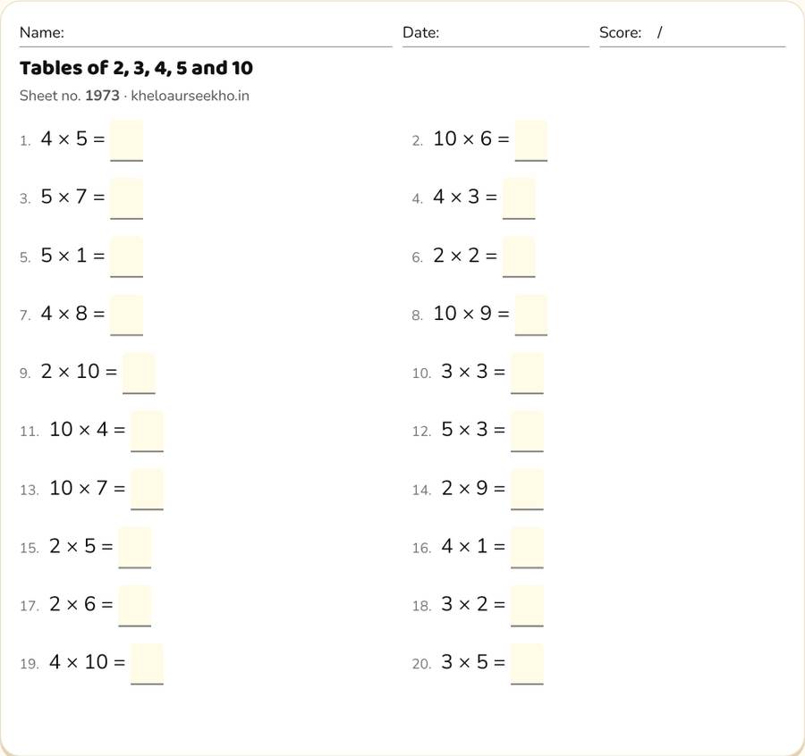 Tables of 2, 3, 4, 5 and 10 Worksheet for Class 2 — printable preview