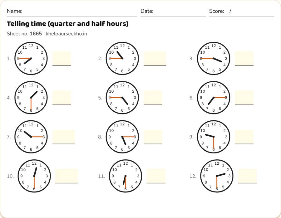 Telling time (quarter and half hours) Worksheet for Class 2 — printable preview