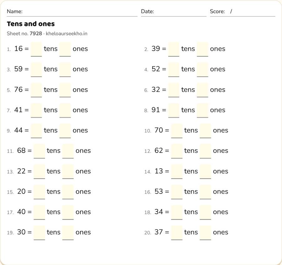 Tens and ones Worksheet for Class 2 — printable preview