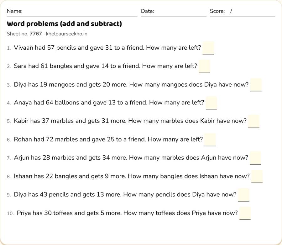 Word problems (add and subtract) Worksheet for Class 2 — printable preview