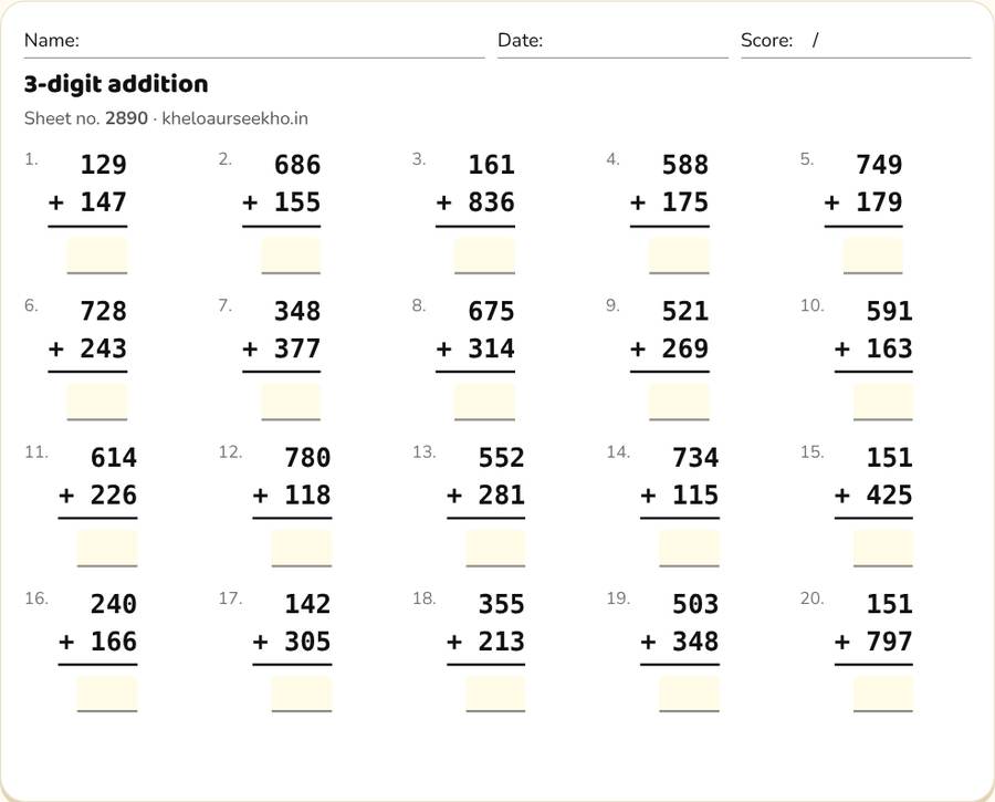 3-digit addition Worksheet for Class 3 — printable preview