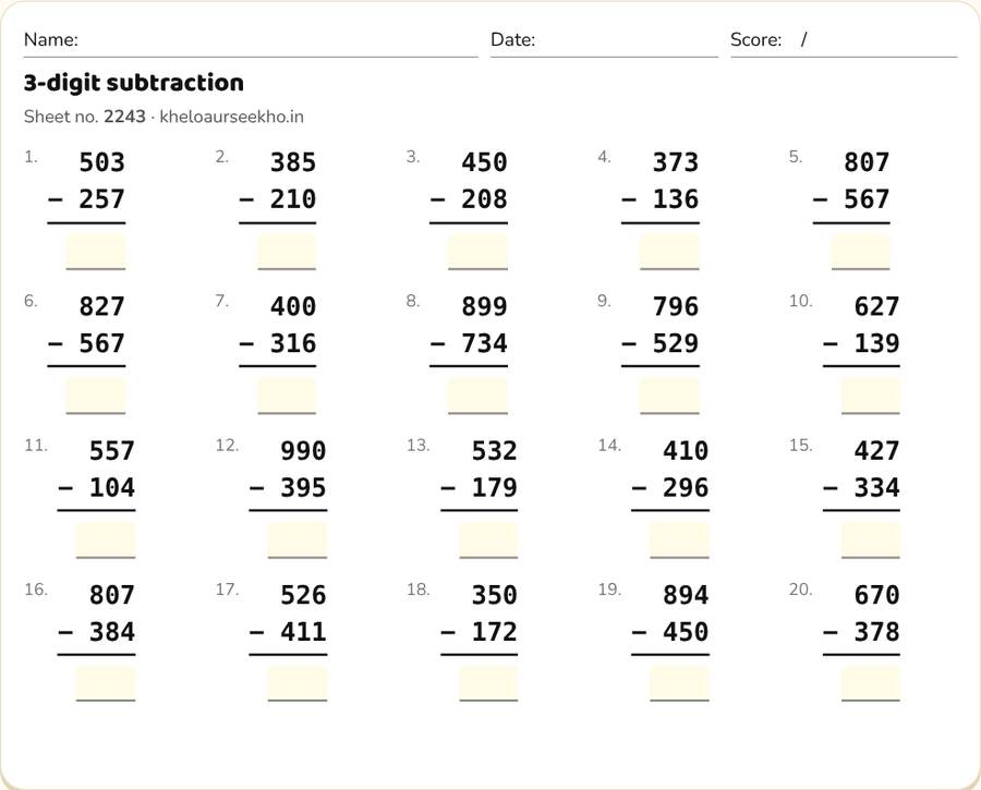 3-digit subtraction Worksheet for Class 3 — printable preview