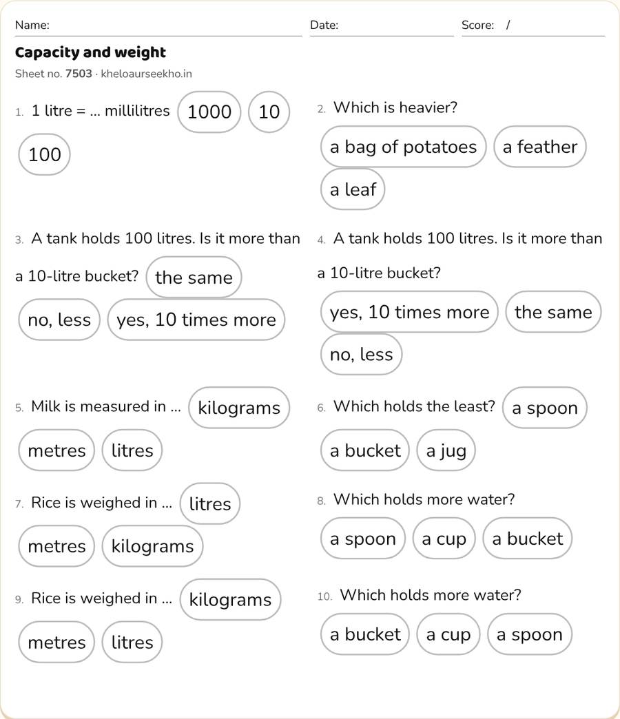 Capacity and weight Worksheet for Class 3 — printable preview