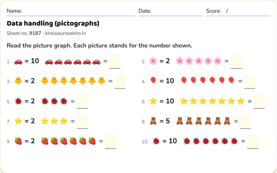 Data handling (pictographs) Worksheet for Class 3 — printable preview