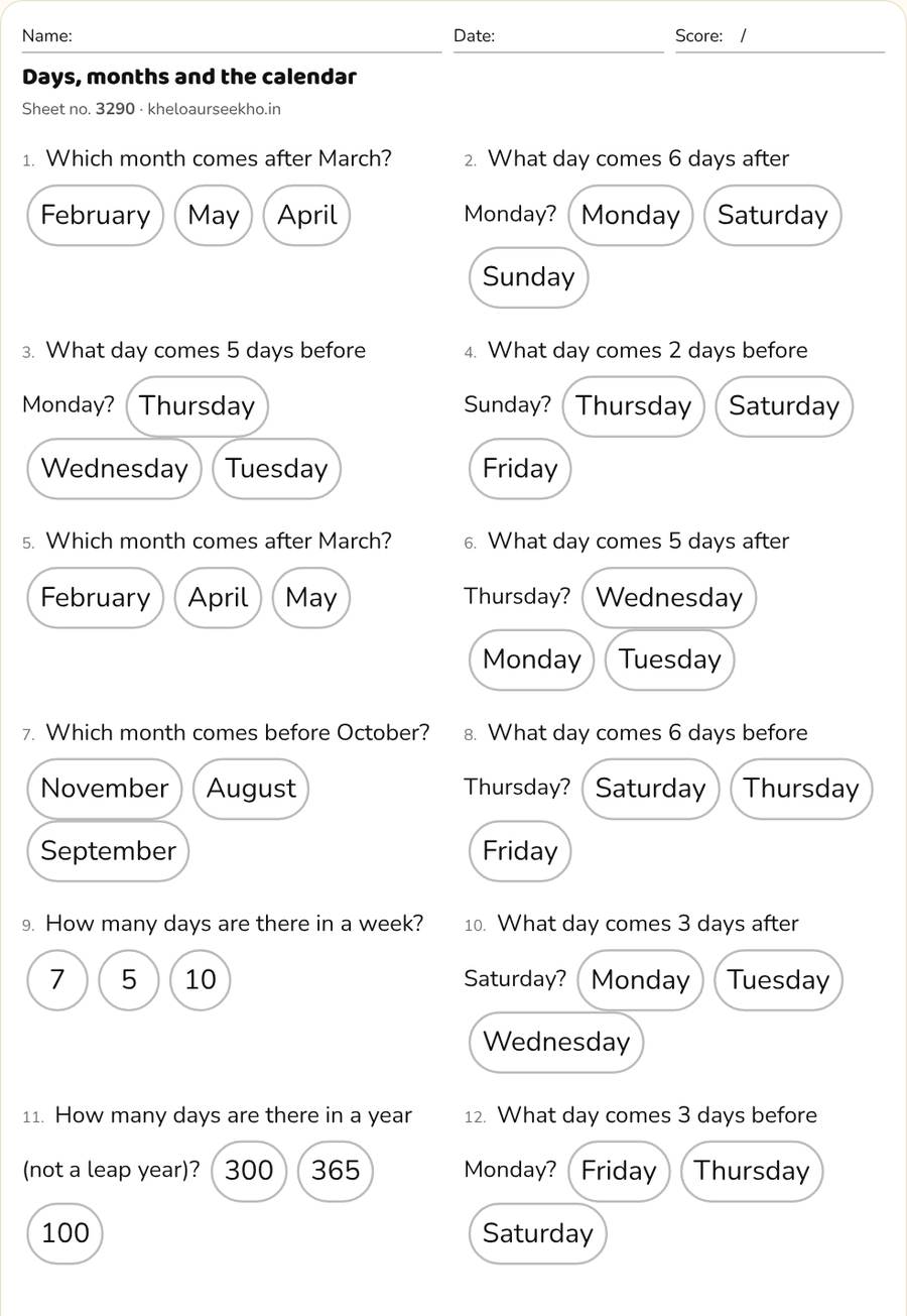 Days, months and the calendar Worksheet for Class 3 — printable preview
