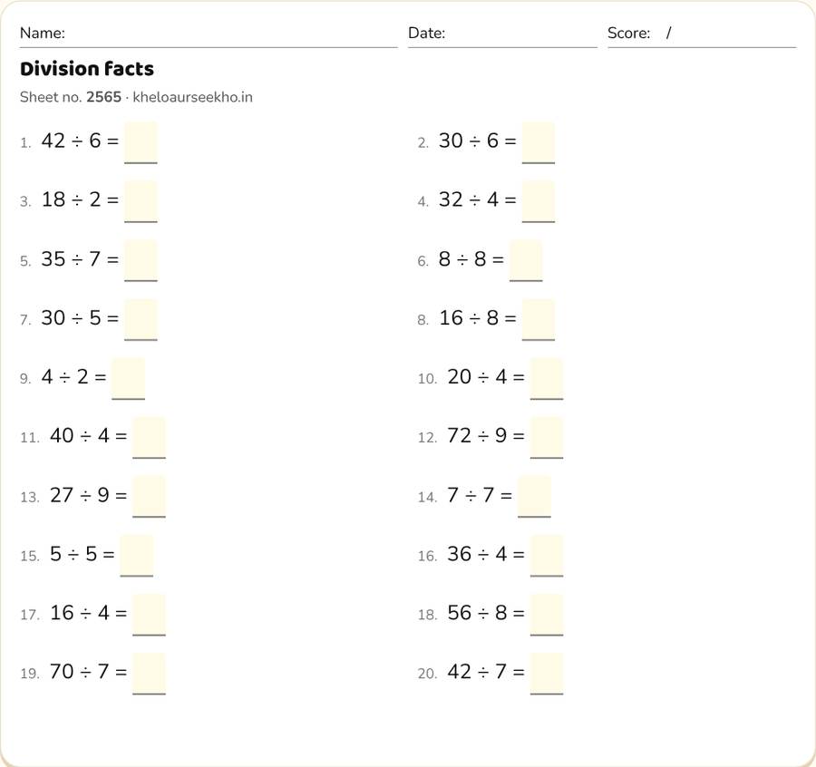 Division facts Worksheet for Class 3 — printable preview